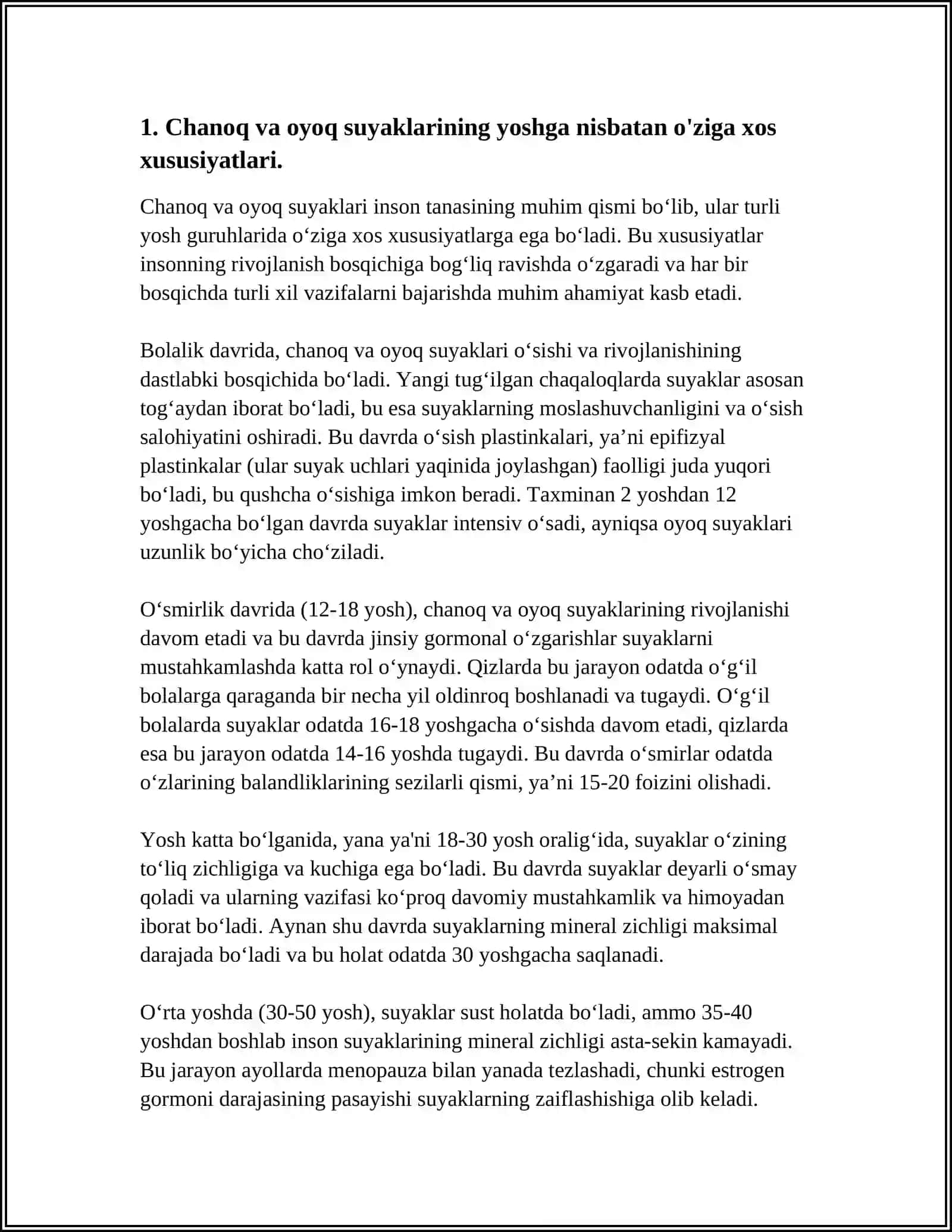 CHANOQ VA OYOQ SUYAKLARINING YOSHGA NISBATAN XUSUSIYATLARI. SPORT VA MEHNAT FAOLIYATINI CHANOQ VA OYOQ SUYAKLARIGA TA’SIRI, RIVOJLANISH NUQSONLARI KALLA SUYAKLARINING RENTGENANATOMIYASI. KALLANING JINSIY VA SHAXSIY TAFOVUTLARI 4