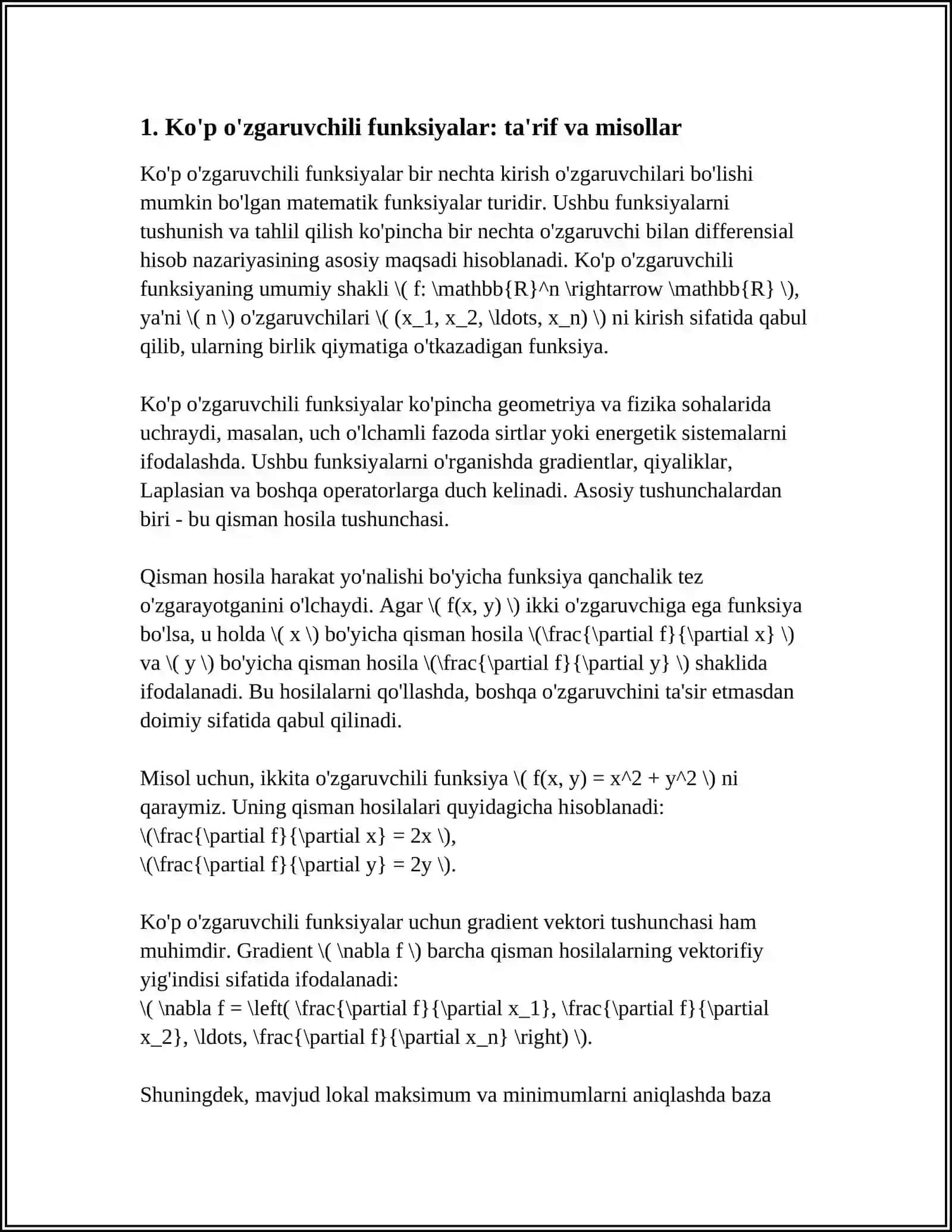 KO'P O'ZGARUVCHILI FUNKSIYALAR. BIR NECHA O'ZGARUVCHI FUNKSIYASINING DIFFERENSIAL HISOBI 4