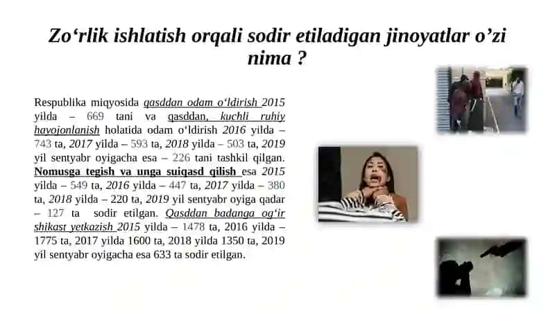 Zo’rlik ishlatib sodir etilgan jinoyatlarning kriminologik tavsifi va ularni oldini olish. 4