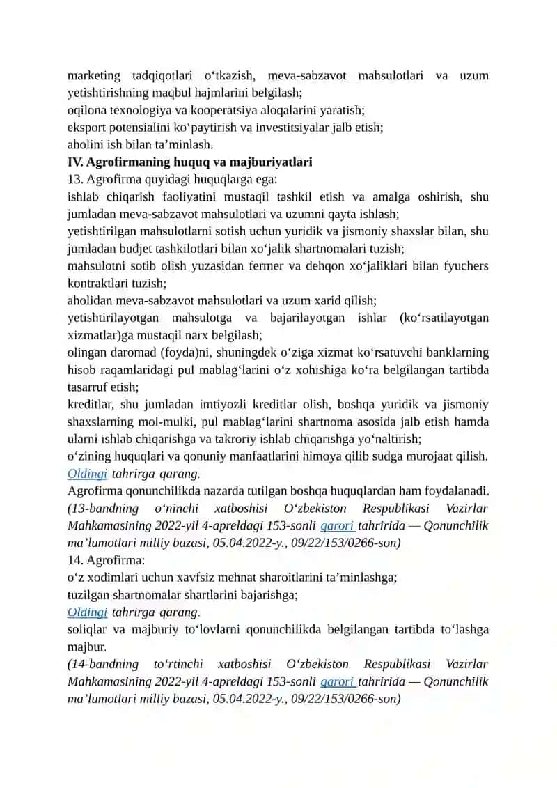 Meva-sabzavotchilik va uzumchilik sohasida agrosanoat firmalari tashkil etish va ularning faoliyatini yo‘lga qo‘yish tartibi 4