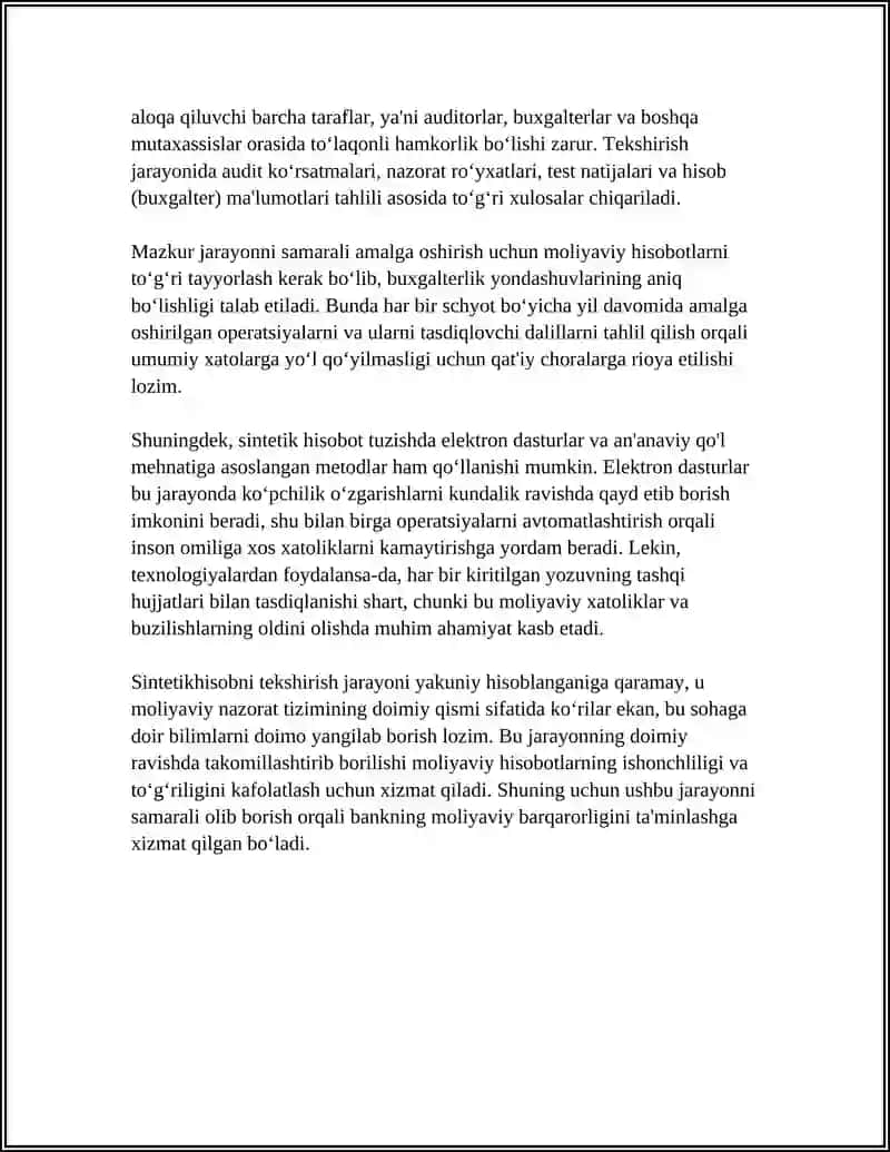 BANKDAGI MAXSUS SCHYOTLARDAGI PUL MABLAG‘LARI SINTETIKHISOBINING TO‘G‘RILIGI VA TO‘LIQLIGINI TEKSHIRISH 4