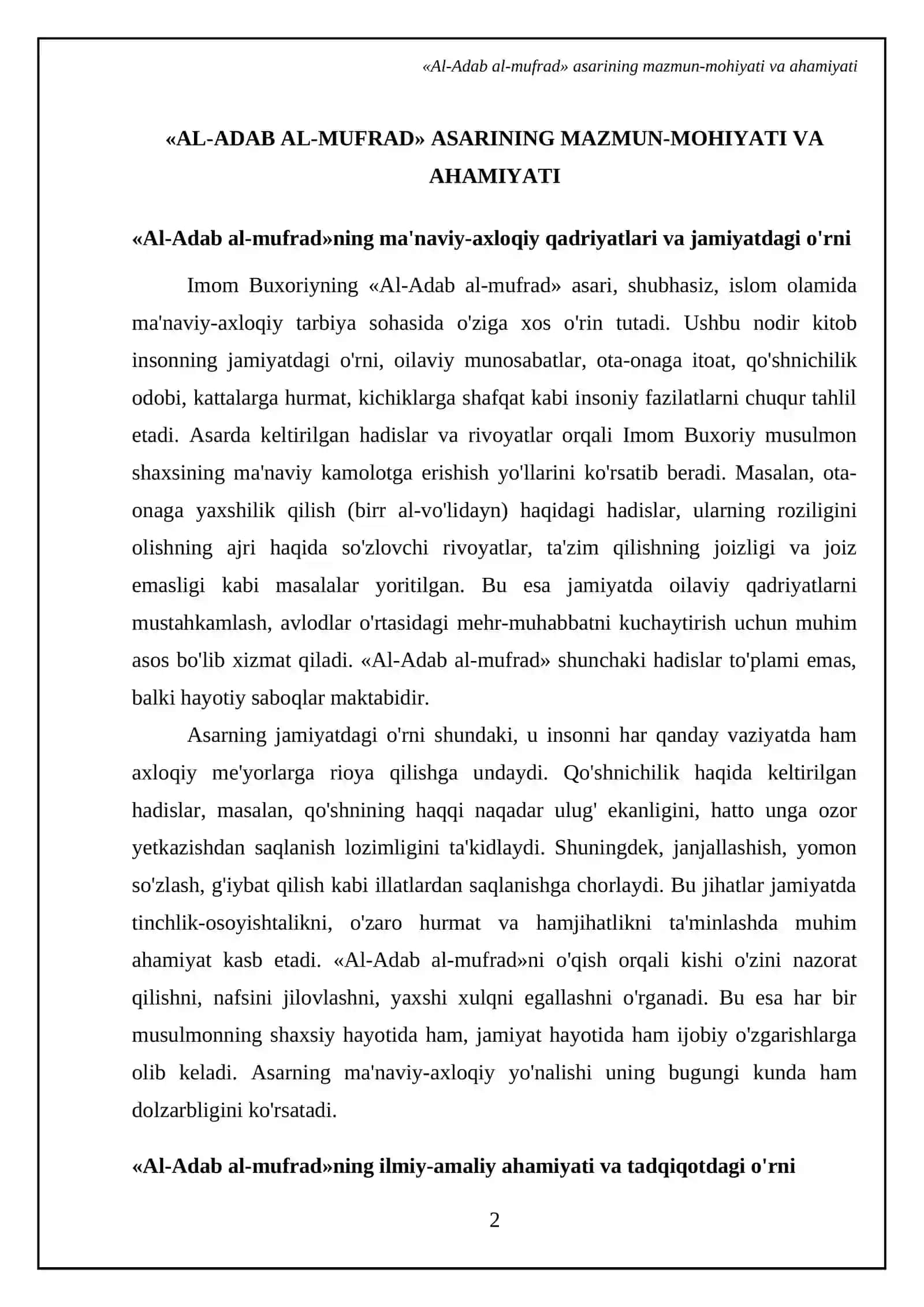Imom Buxoriyning " Al-Adab al-mufrad" asarini konspektlashtirish va esse tayyorlash 4
