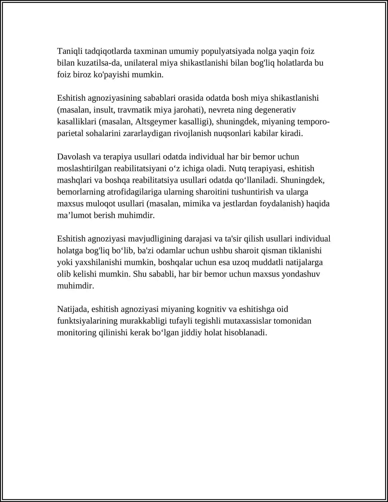 ESHITISH AGNOZIYASI MAVZUSIDA MUSTAQIL ISH 4