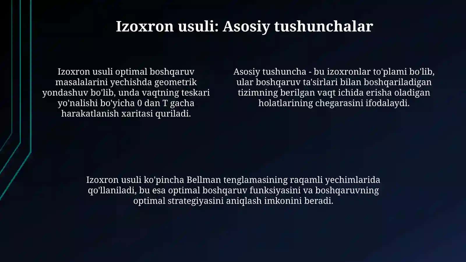 Optimal boshqarish masalalarini yechish uchun izoxron usuli 4
