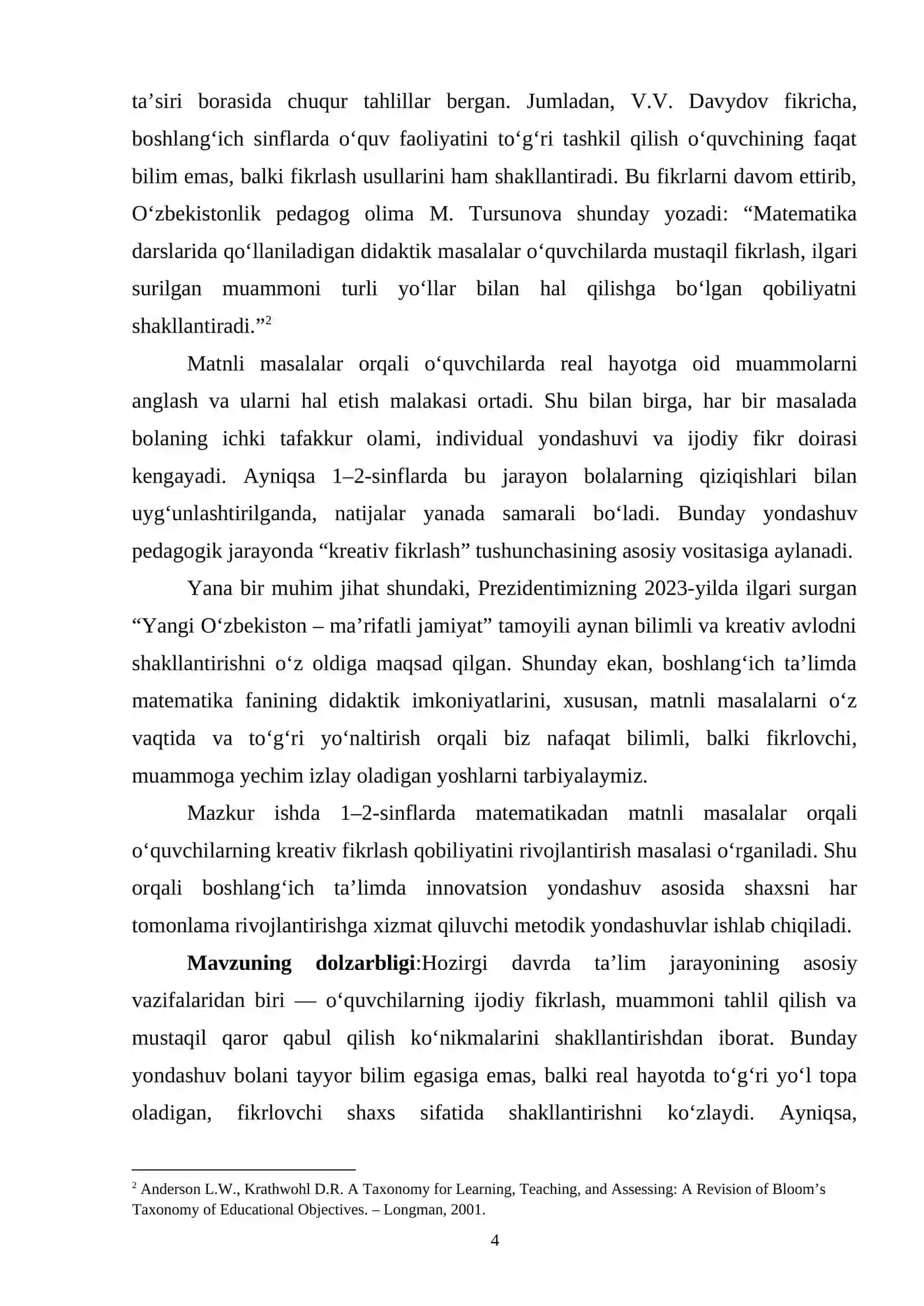 BOSHLANGʻICH 1-2-SINFLARDA MATEMATIKADAN MATNLI MASALALAR YECHISHGA OʻRGATISH OʻQUVCHILAR KREATIV FIKRLASHLARINI SHAKLLANTIRUVCHI OMIL SIFATIDA 4