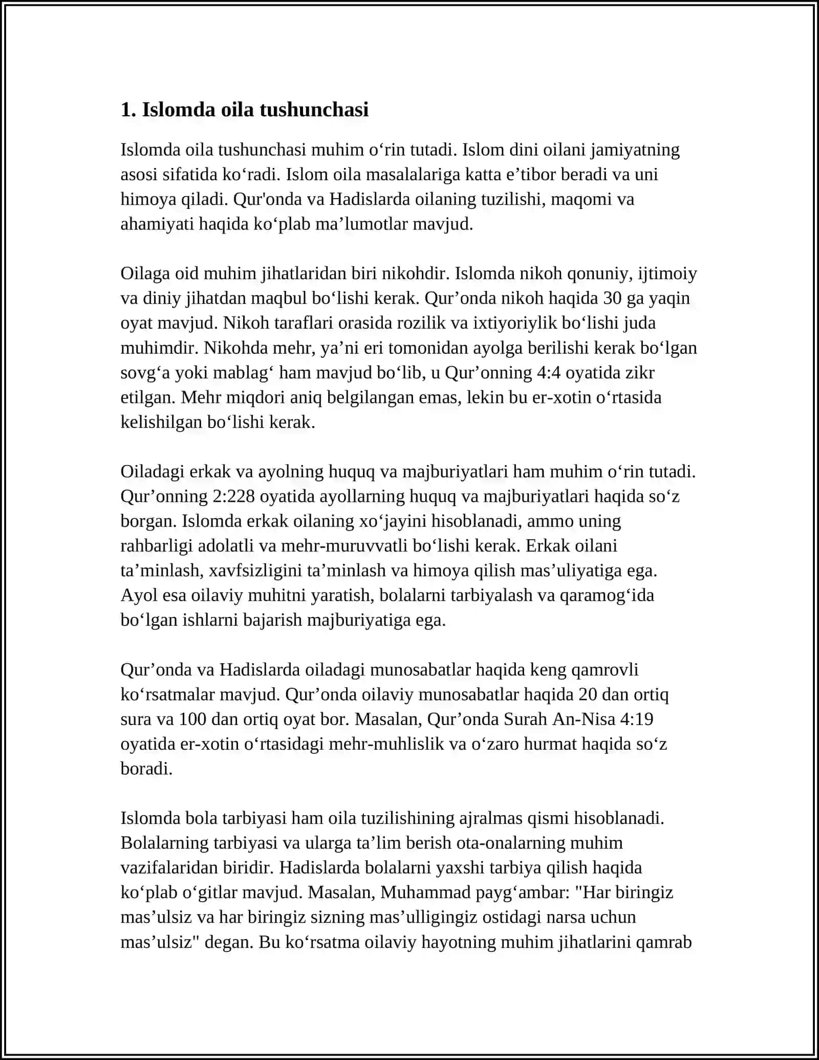 ISLOM XUQUQSHUNOSLIGIDA OILA, NIKOX, TALOQ, IDDA, ZIXOR TUSHUNCHALARINING TA'RIFLASH VA ESSE TAYYORLASH 4