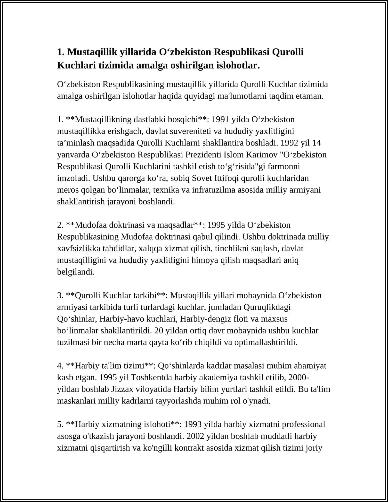 MUSTAQILLIK YILLARIDA OʻZBEKISTON RESPUBLIKASINING QUROLLI KUCHLARI TIZIMIDA AMALGA OSHIRILGAN ISLOHOTLAR XAQIDA MAʼLUMOT 4