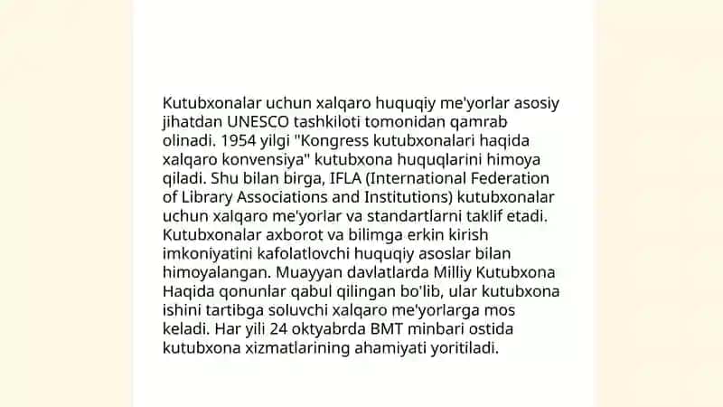 Kutubxona axborot xizmati koʻrsatishning xalqaro miqyosida va mamlakatimizdagi huquqiy me'yoriy asoslari 4