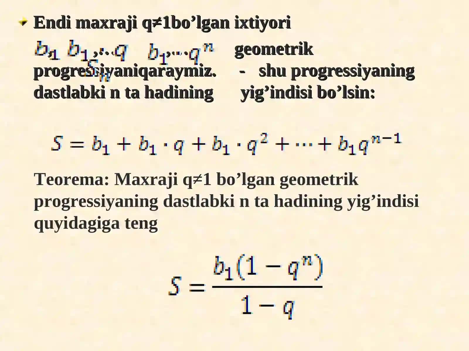 Geometrik progressiya dastlabki nta hadining yig’indisi 4