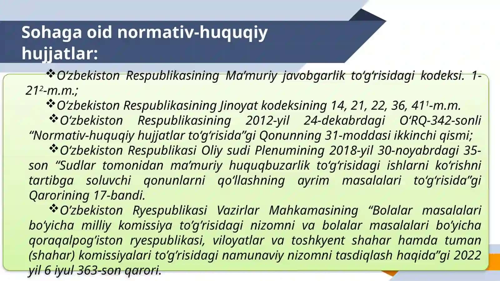 MAʼMURIY JAVOBGARLIK TO‘G‘RISIDAGI QONUNCHILIK. MA’MURIY JAVOBGARLIK TUSHUNCHASI, XUSUSIYATLARI VA SUBYEKTLARI. MAʼMURIY JAVOBGARLIKDAN OZOD QILISH ASOSLARI 4