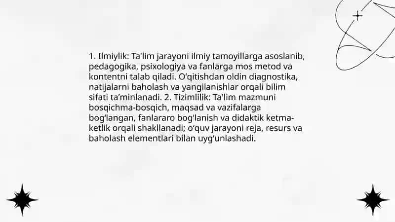 Ta'lim jarayonining qonuniyatlari va tamoyillari. Ta'lim mazmuni 4