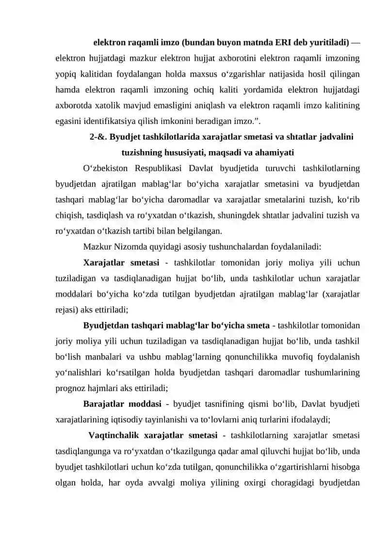 BYUDJET TASHKILOTLARIDA SMETALAR HAMDA SHTATLAR JADVALINI TUZISH, TASDIQLASH VA TAQDIM ETISH TARTIBI 4