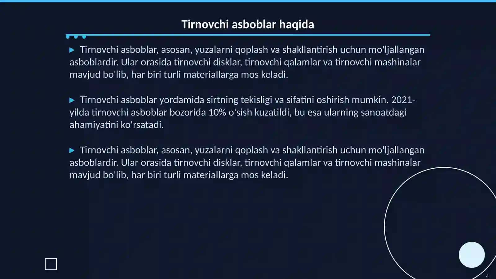 Detal yuzalariga qirquvchi va tirnovchi(obraziv) asboblar yordamida ishlov berish 4