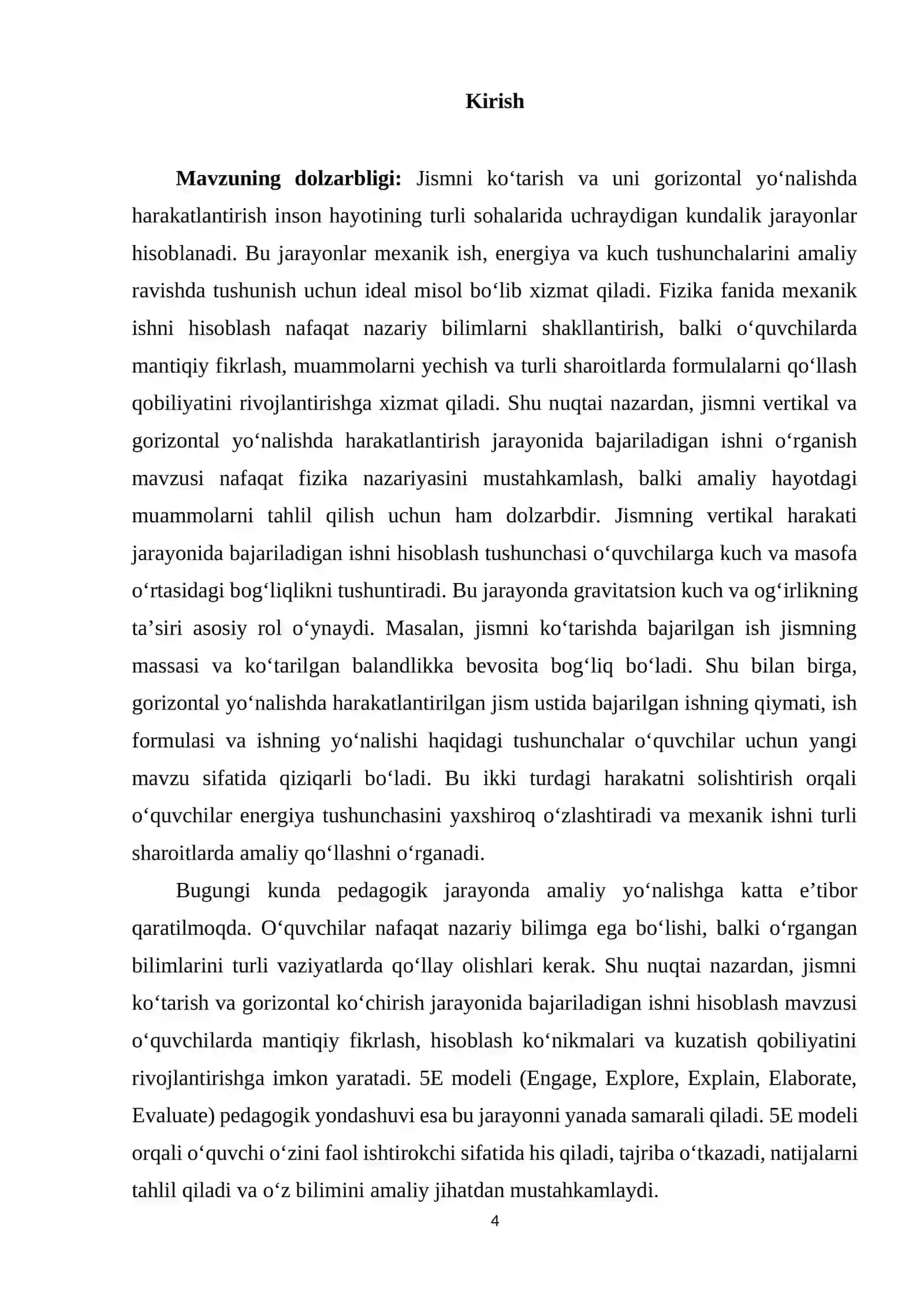 Jismni ko‘tarishda va va uni shu masofaga gorizontal ko‘chirishda bajariladigan ishni hisoblash 5E modeli asosida 4