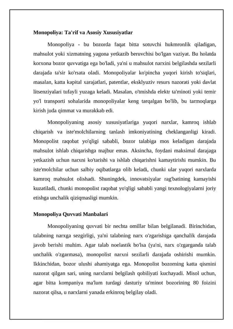 MONOPOLIST KORXONANING ISHLAB CHIQARISH QARORLARI VA MONOPOL HOKIMIYAT OQIBATLARI 4