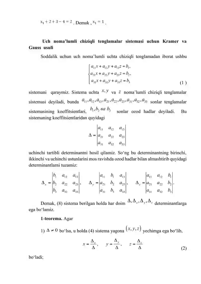 Chiziqli tenglamalar sistemasi Kramer va Gauss va matritsa usullarida yechish. 4