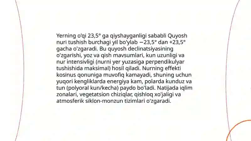 Yerning quyosh atrofida aylanishining geografik oqibatlari 4