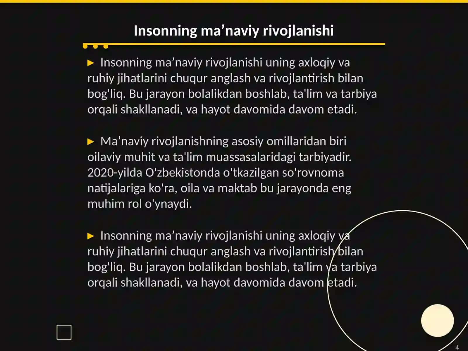 Insonning yaxlit koʻrinishi va maʼnaviy axloqiy qoidalari. Fan Tarbiya fanini oʻqitish metodikasi 4