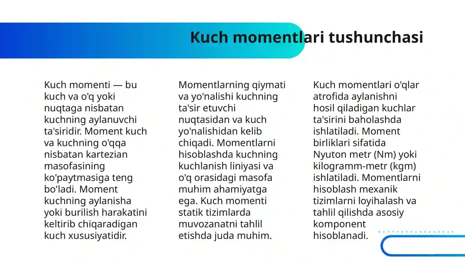 KUCHNING O'QLARGA NISBATAN MOMENTLARI UCHUN VARINON TEOREMASI 4