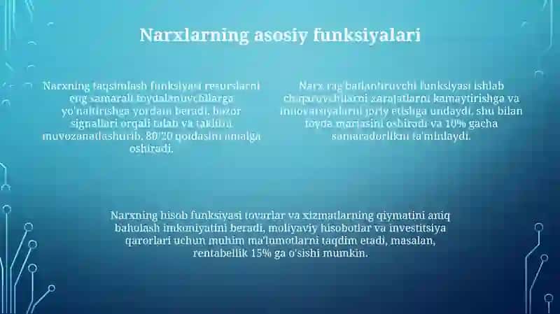 Narxning mazmuni vazifalari va uning darajasiga tasir etuvchi omillar 4
