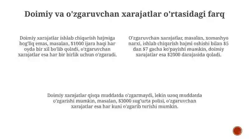 Xarajatlarni doimiy va o'zgaruvchan xarajatlar bo'yicha tahlil qilish 4