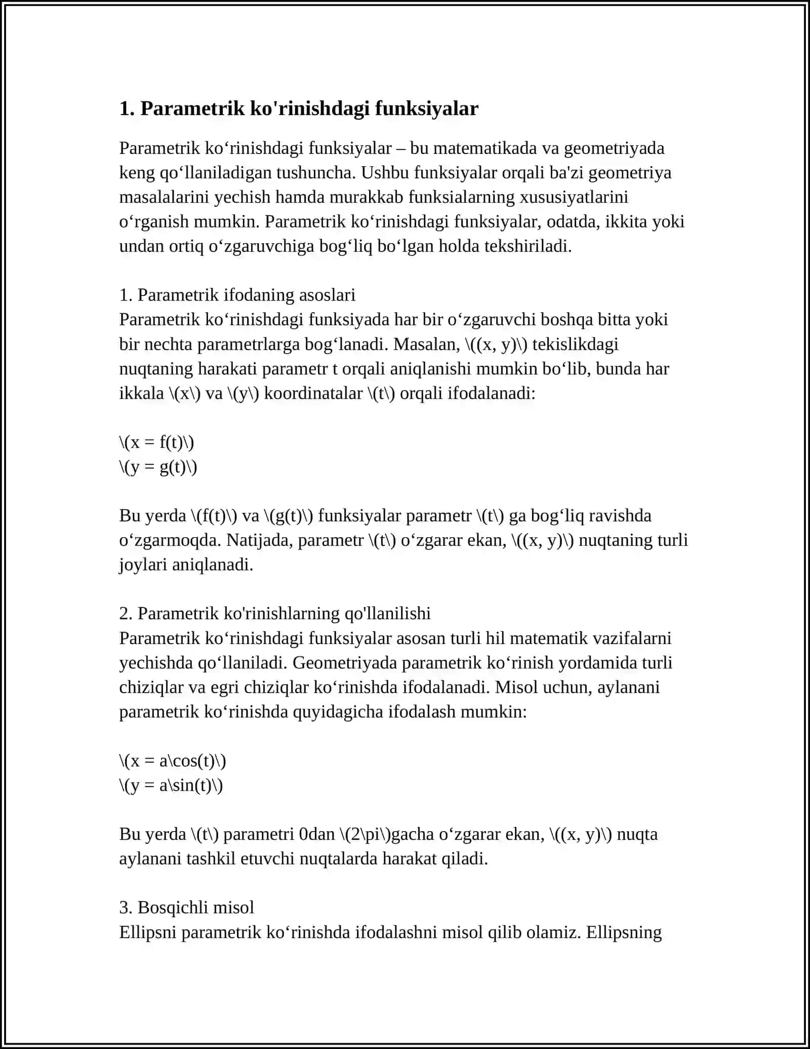 OSHKORMAS VA PARAMETRIK KOʻRINISHDA BERILGAN FUNKSIYALARNING YUQORI TARTIBLI HOSILALAR 4