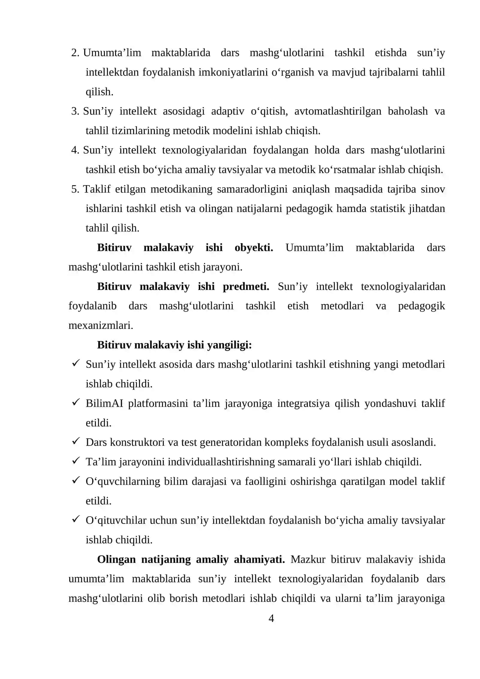 Umumta’lim maktablarida sun’iy intellekt texnologiyalaridan foydalanib dars mashg‘ulotlarini olib borish metodlari mavzusida BITIRUV MALAKAVIY ISHI 4