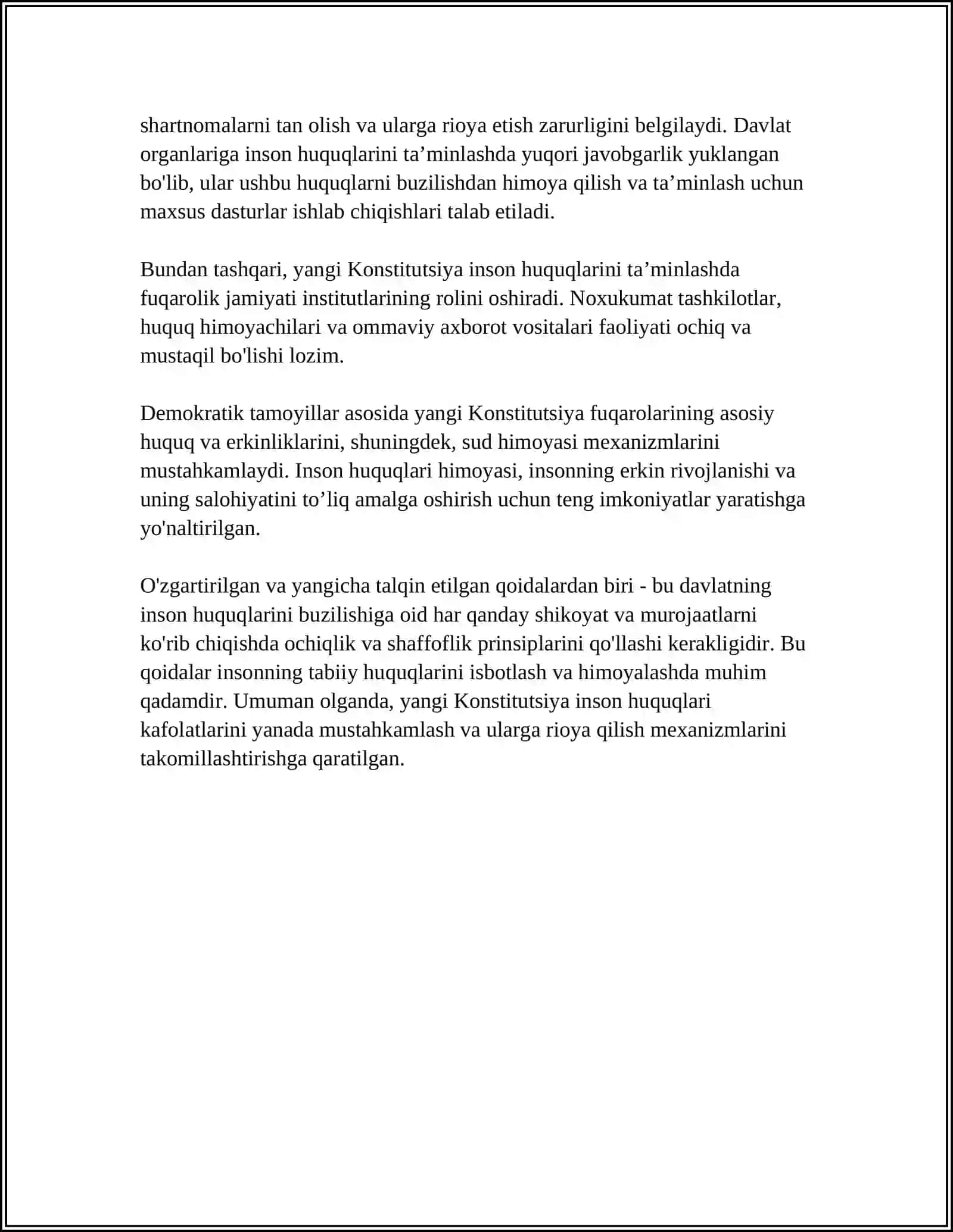 YANGI OʻZBEKISTONDA INSON HAQ-HUQUQLARI VA ERKINLIKLARI KAFOLATINING YARATILISHI 4
