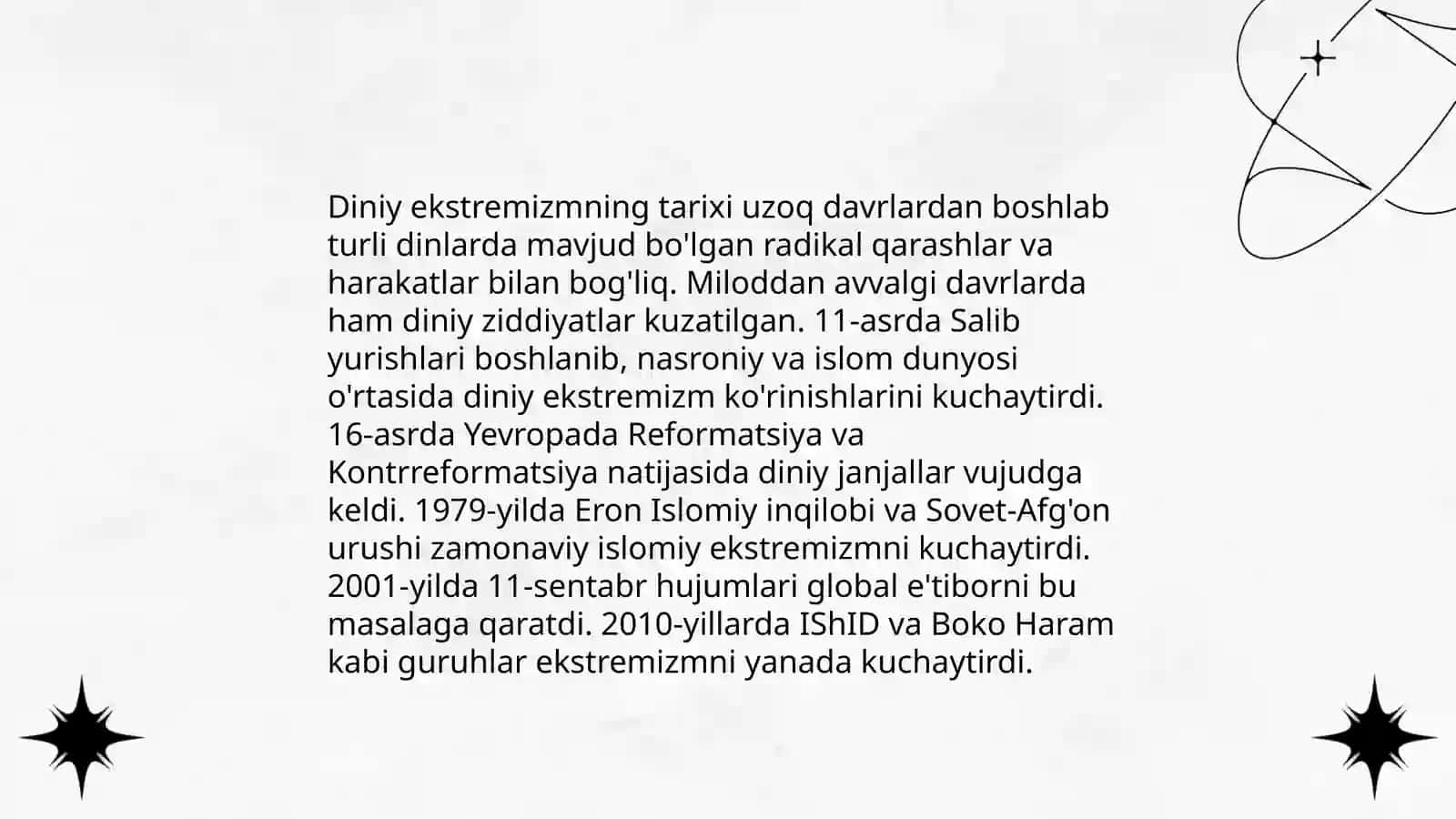 Diniy fanatizm, ekstremizm, fundamentalizm va terrorizmning tarixi hamda hozirgi davrda xavfsizlikka tahdidi slayd 4