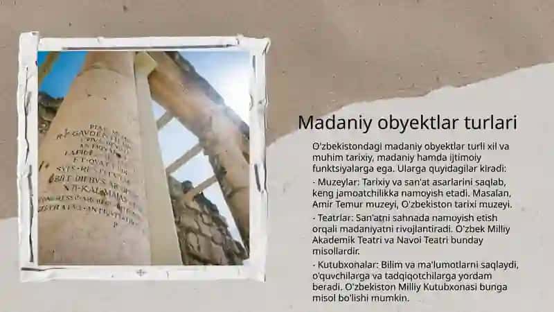 Oʻzbekistondagi madaniy obyektlar va ularning faoliyati 4