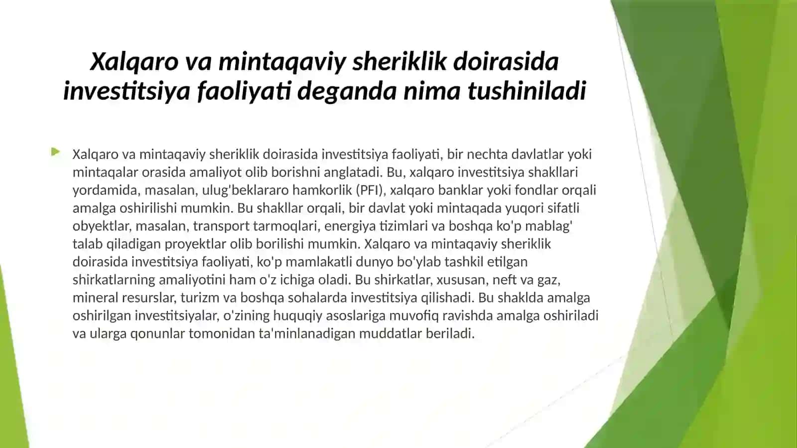 Xorijiy investitsiyalar va kreditlar hisobiga loyihalarni moliyalashtirish 4