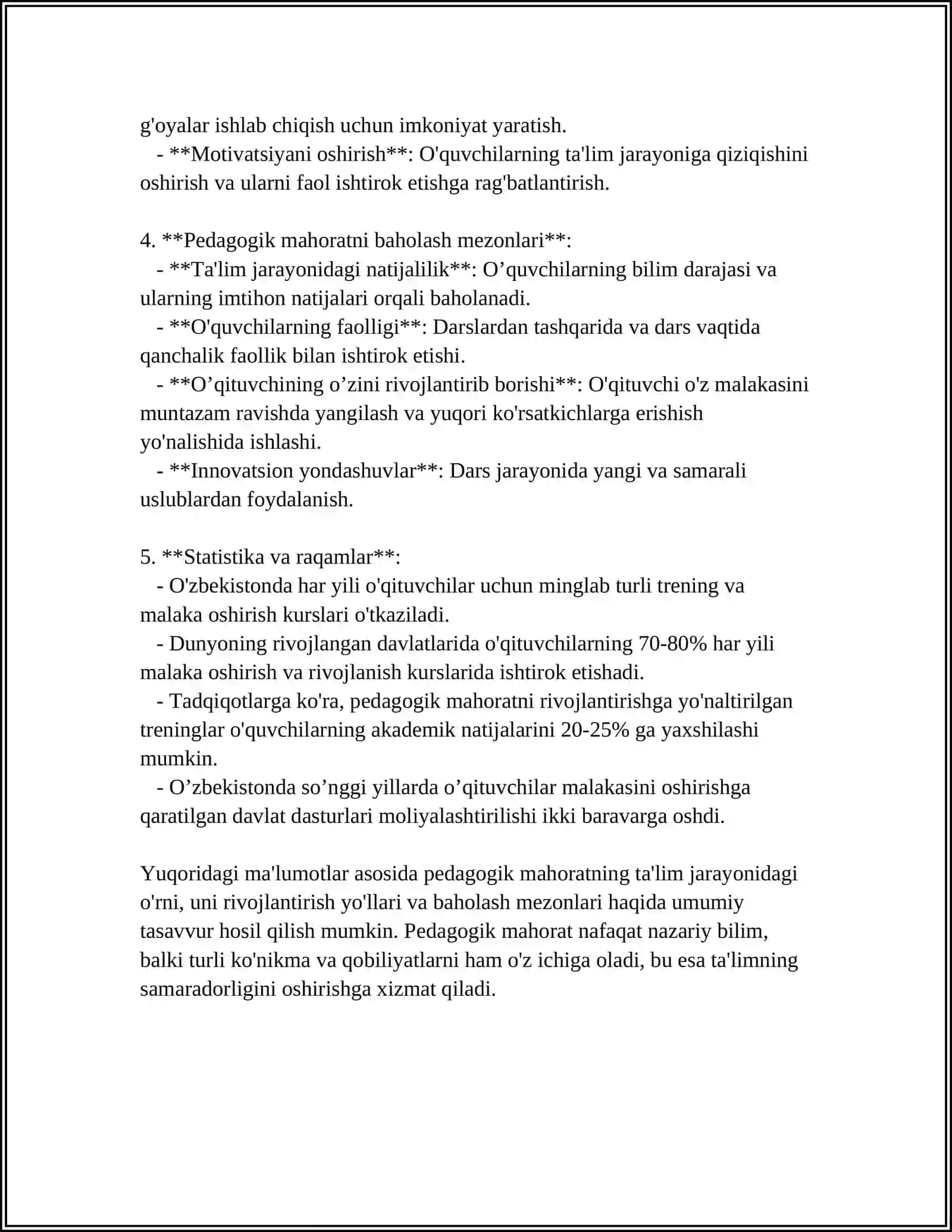 MUSTAQIL ISH Mavzu: PEDAGOGIK MAHORAT VA UNING OʻQITUVCHI FAOLIYATIDAGI AHAMIYATI 4