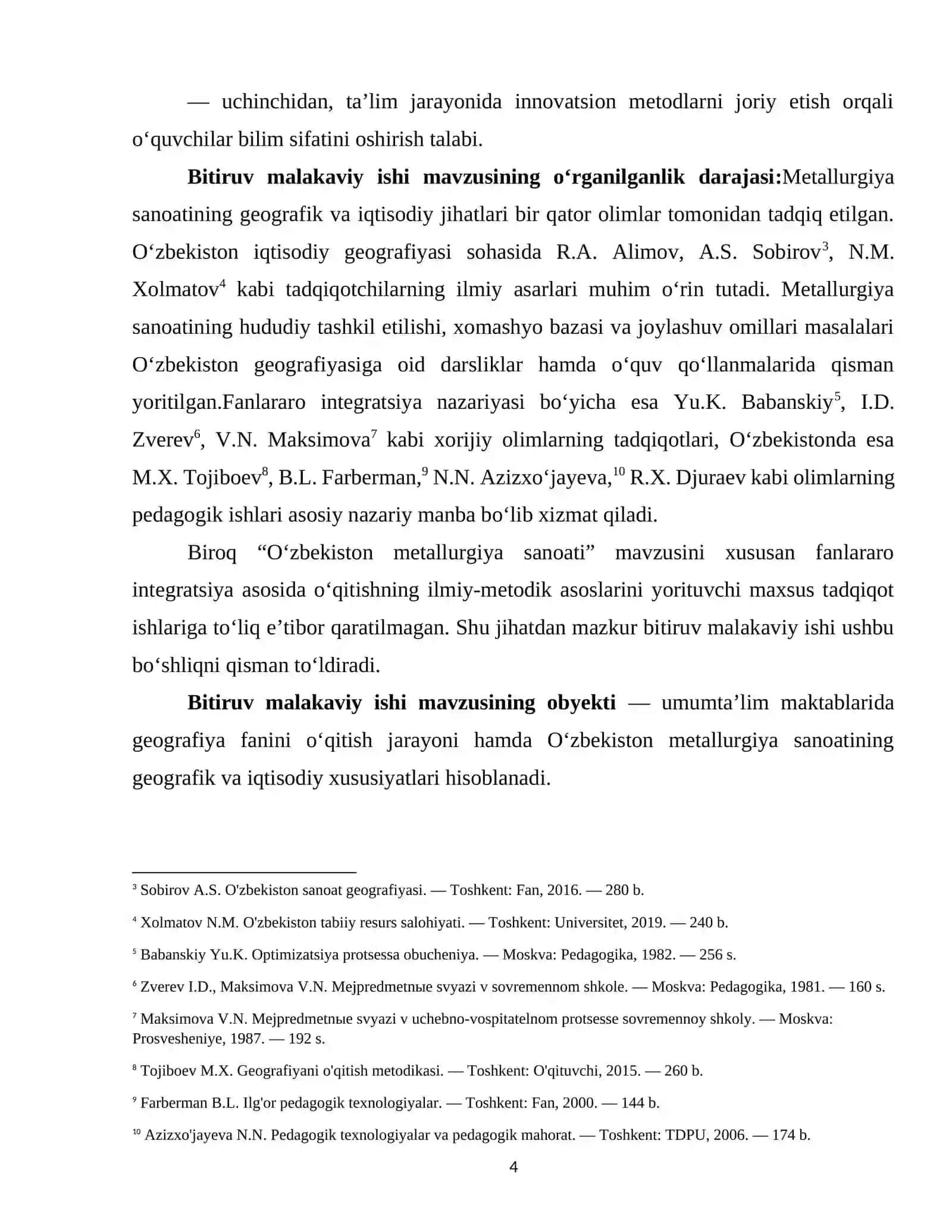 O‘zbekiston metallurgiya sanoati mavzusini o‘qitishda fanlararo integratsiyaning ilmiy asoslari deplom ishi 4