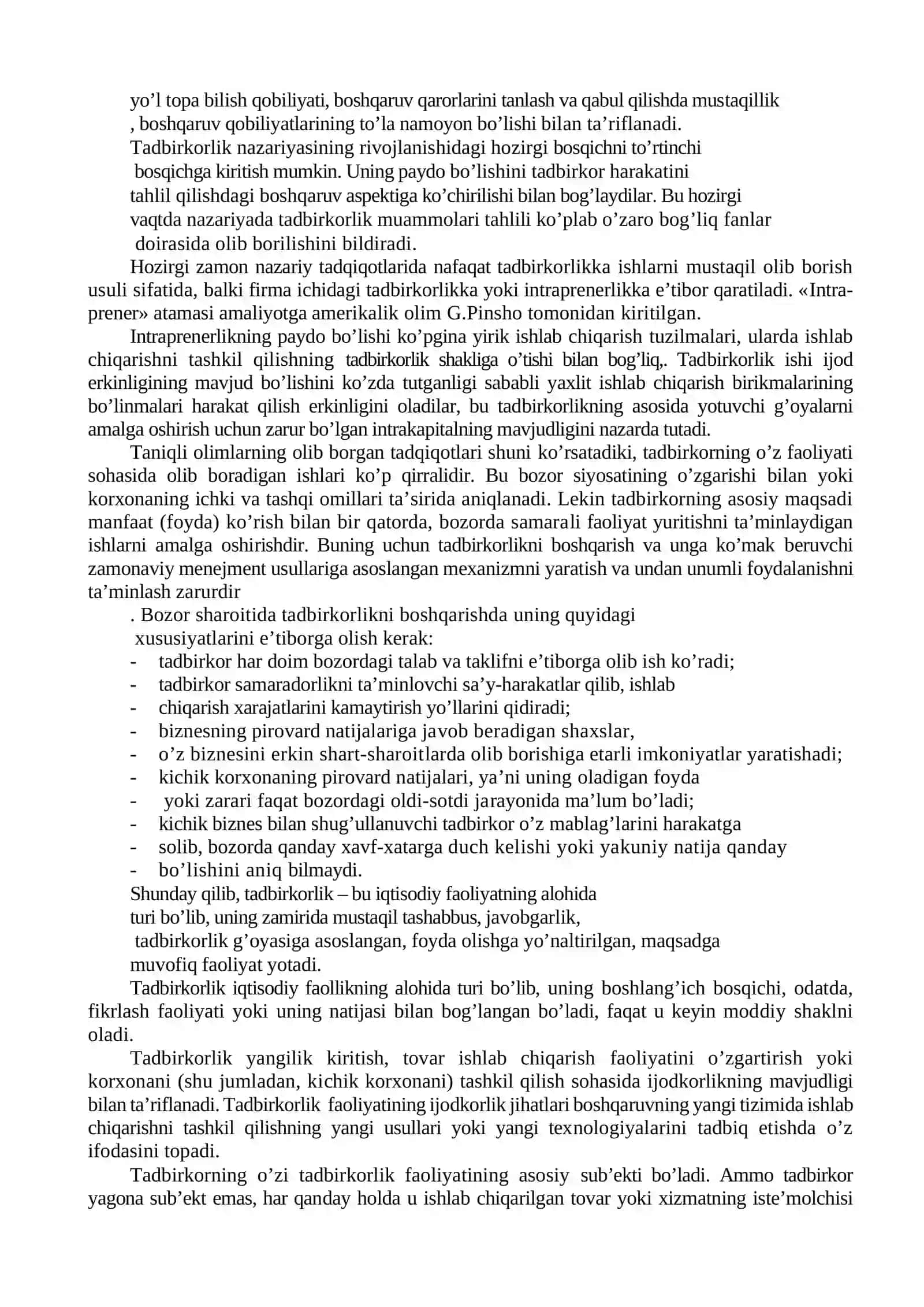 KICHIK BIZNES VA TADBIRKORLIKNING MOHIYATI, MAZMUNI, TURLARI VA SHAKLLARI 4