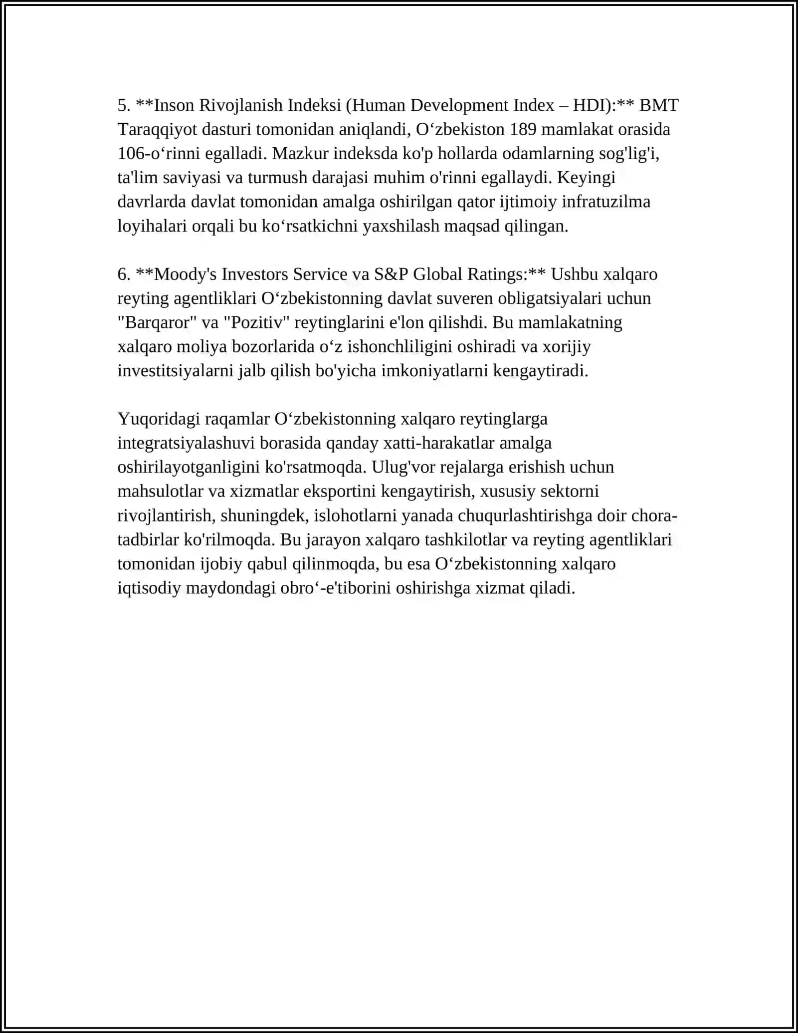 IQTISODIY VA IJTIMOIY SOHADAGI USTUVOR XALQARO REYTINGLAR VA ULARGA OʻZBEKISTONNING INTEGRATSIYALASHUVI 4