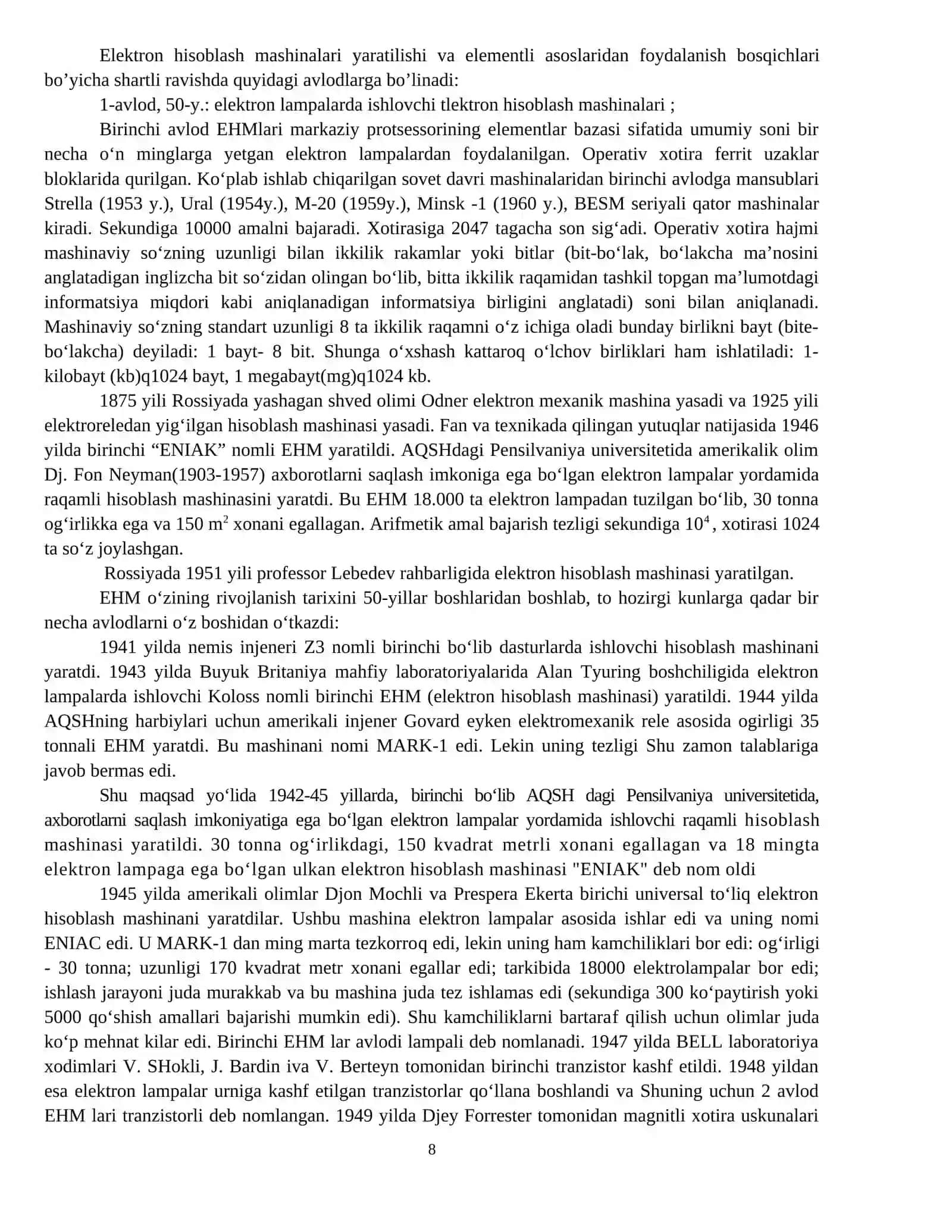 Kompyuter avlodlari va ularning klassifikasiyasi, Kompyuterning arxitekturasi va ishlash printsiplari 4