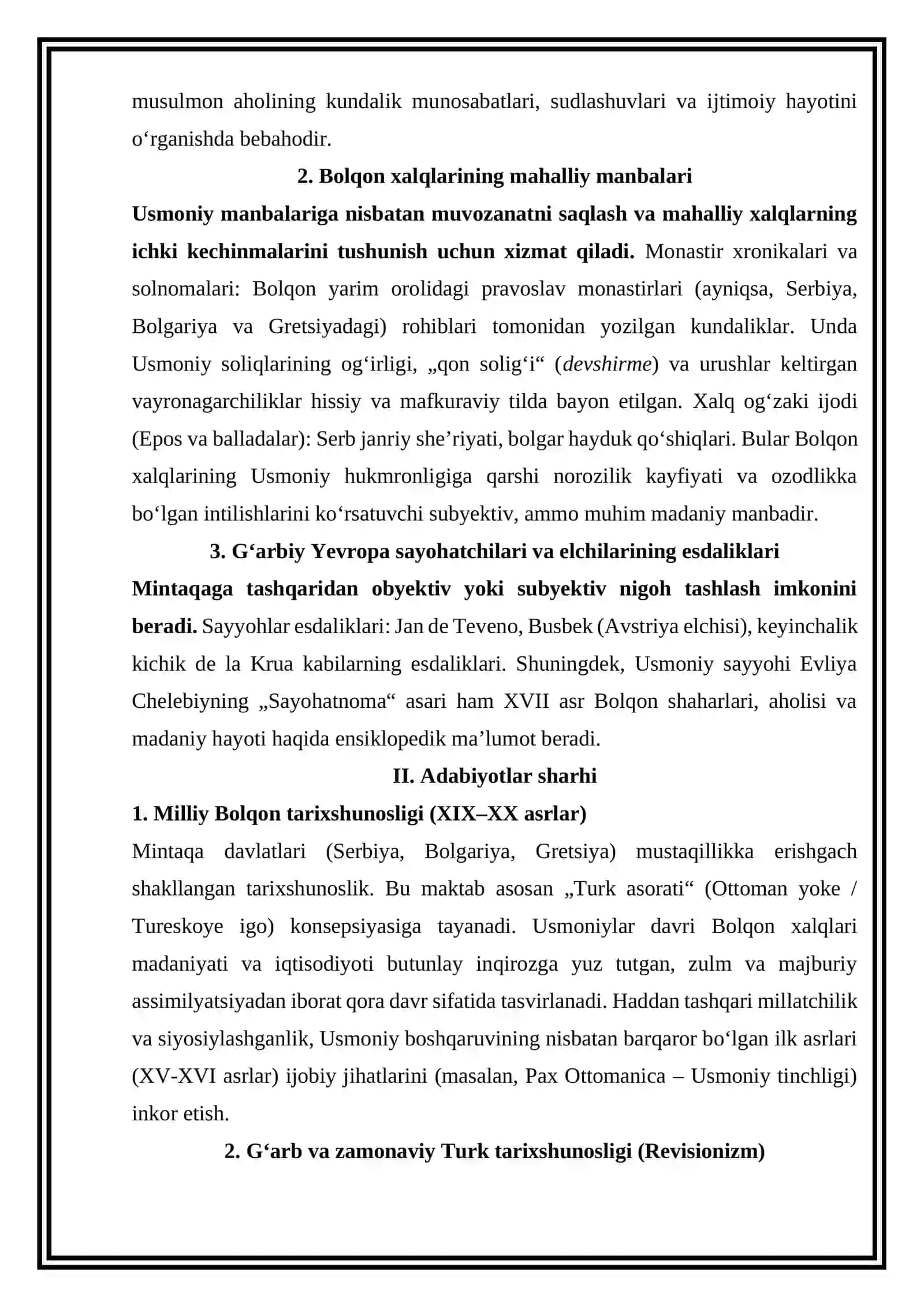 “Bolqon yarim oroli xalqlari Usmoniylar imperiyasi hukmronligi davrida” Mavzuga oid manbalar tahlili va adabiyotlar sharhini tayyorlash 4