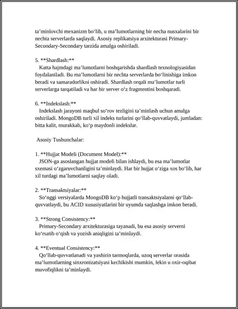 KATTA HAJMDAGI MA’LUMOTLARNI SAQLASH TEXNOLOGIYALARI: NOSQL (MONGODB, CASSANDRA, HBASE) 4