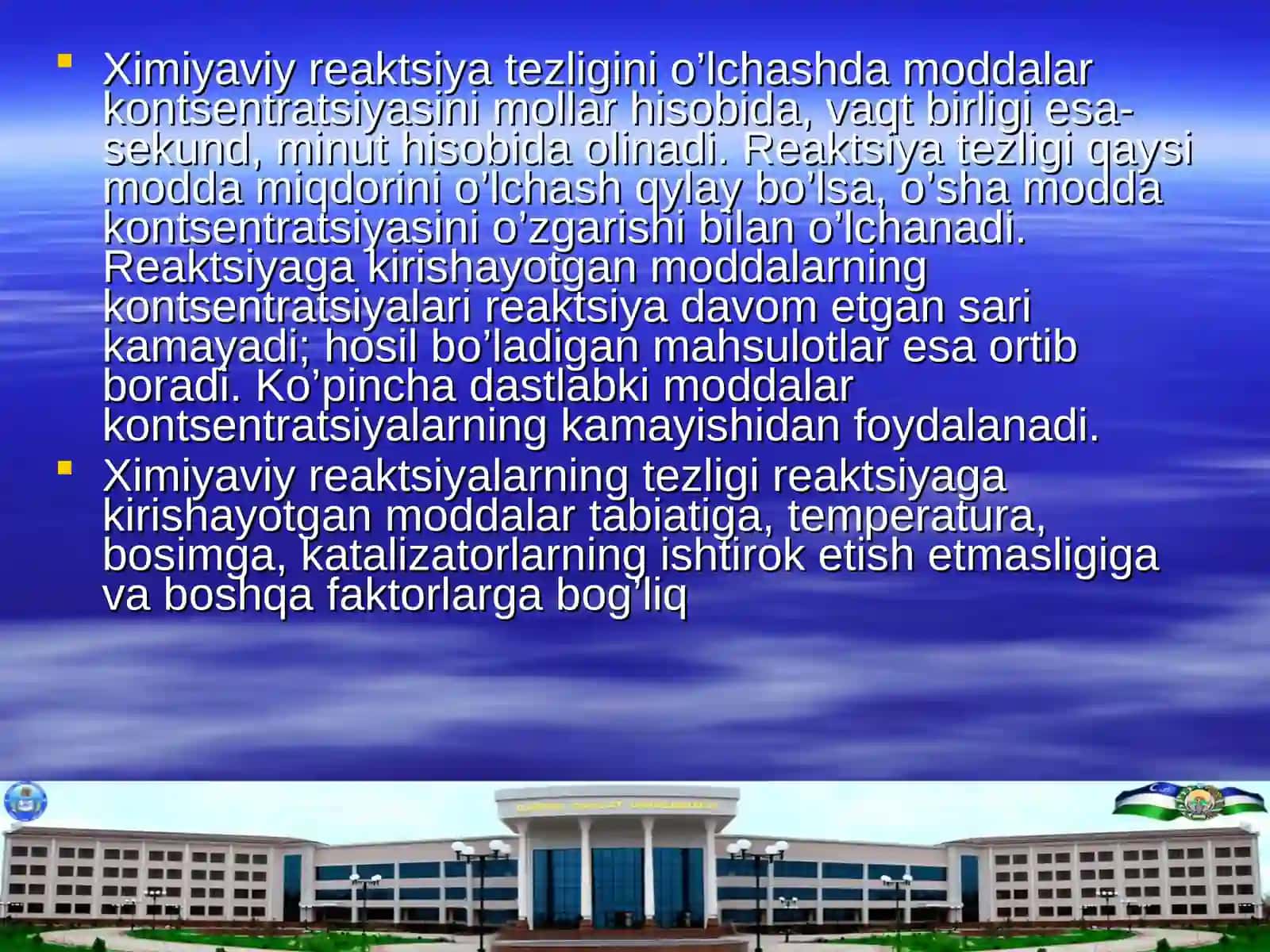 Kimyoviy kinetika. Kimyoviy reaksiyaning tezligi haqida tushuncha. Massalar ta’siri qonuni 4