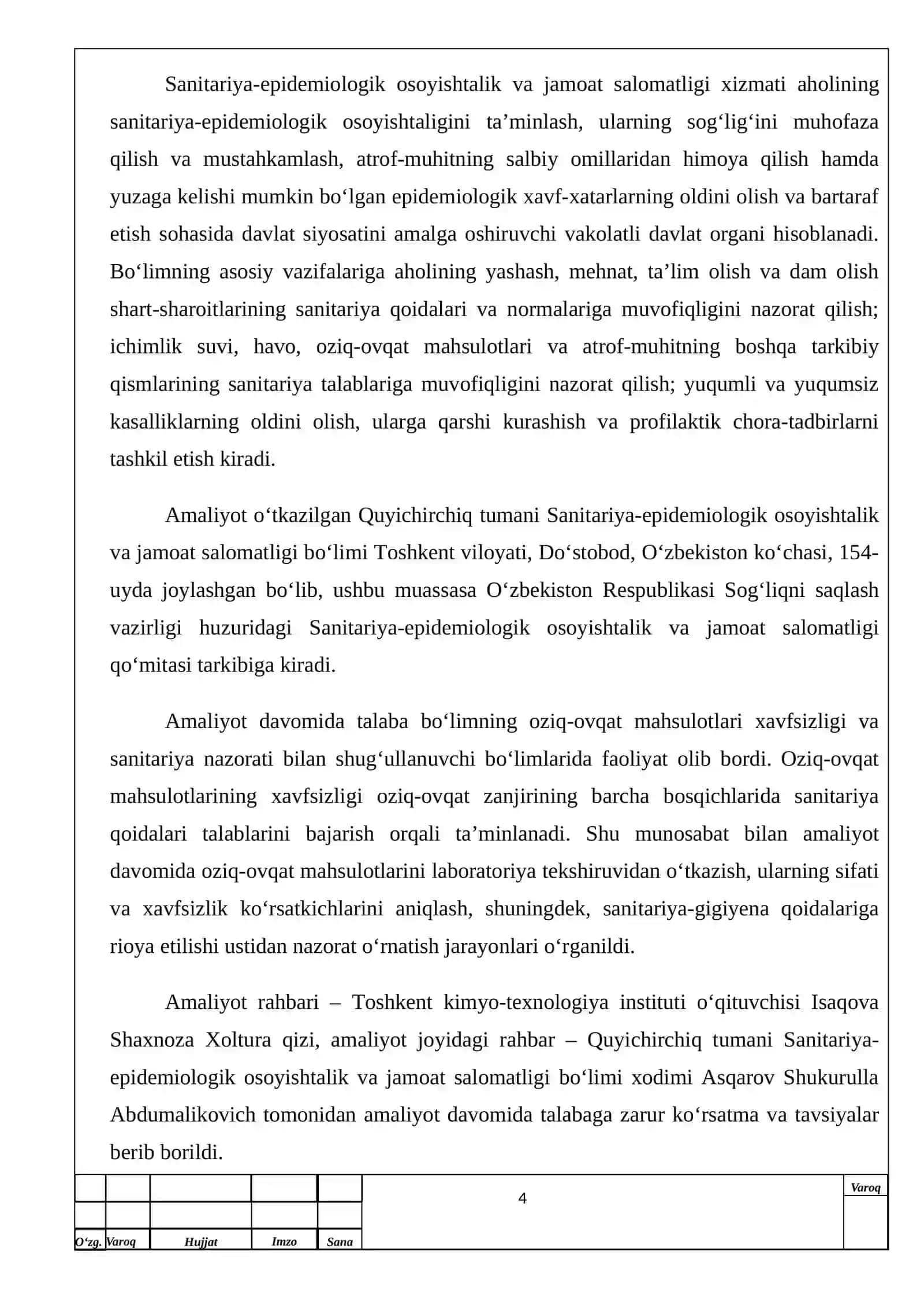 Quyichirchiq tumani Sanitariya-epidemiologik osoyishtalik va jamoat salomatligi boʻlimi. Amaliyot hisoboti 4