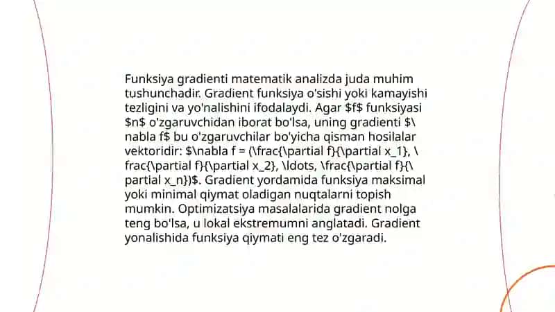 Kop oʻzgaruvchi funksiyalar differensiali.Xususiy hosila va yuqori tartibli difserensialllar.Koʻp oʻzgaruvchili funksiyaning xususiy hosilalari. Funksiyaning nuqtada differensiallanuvchanligi 4