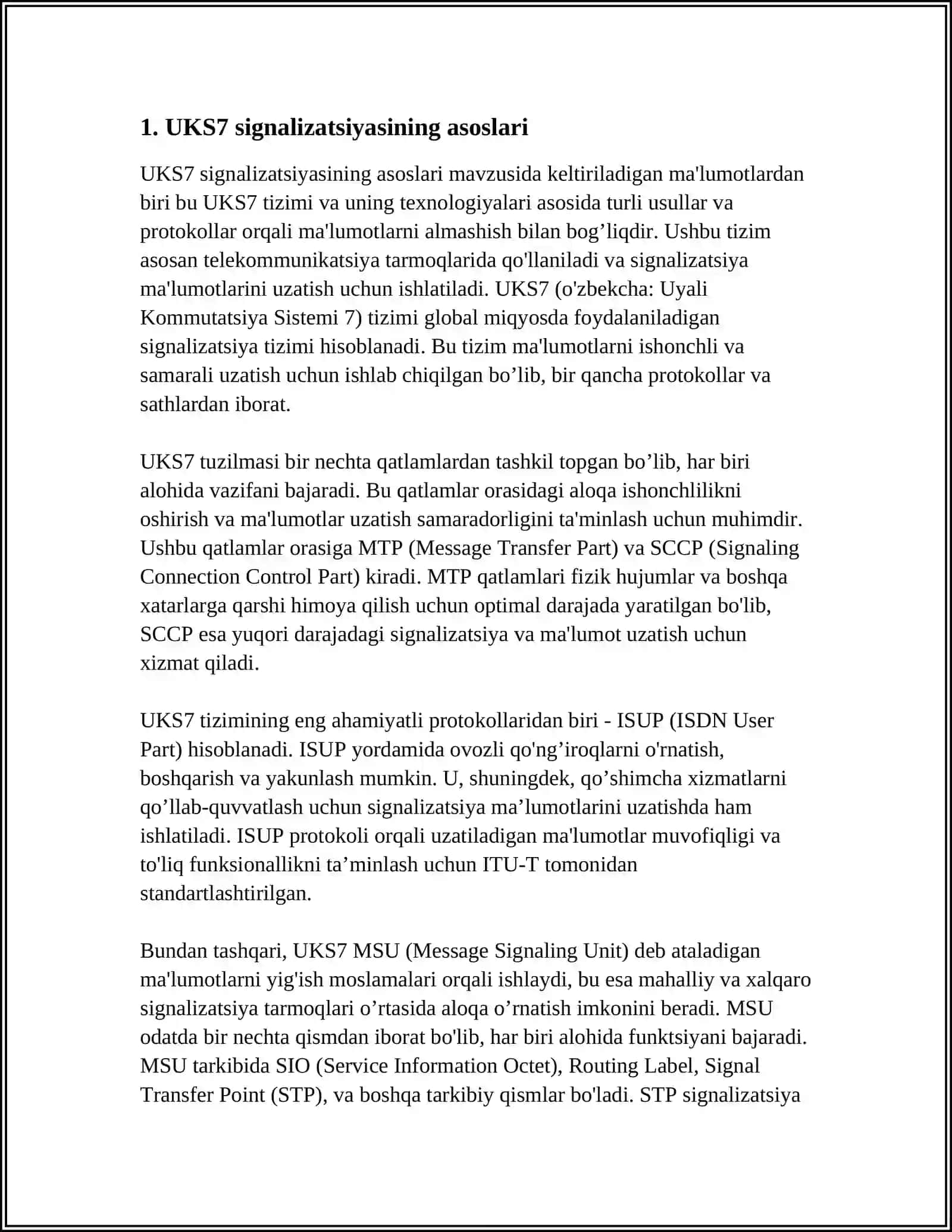 UKS7 SIGNALIZATSIYASI - ISUP SS №7 QUYI TIZIMINING FUNKSIYALARINI VA UNING XABARLARI TURLARINI O‘RGANISH, QO‘NG‘IROQNI TUGATISHNING TURLI VARIANTLARI UCHUN SIGNAL DIAGRAMMASINI QURISH 4
