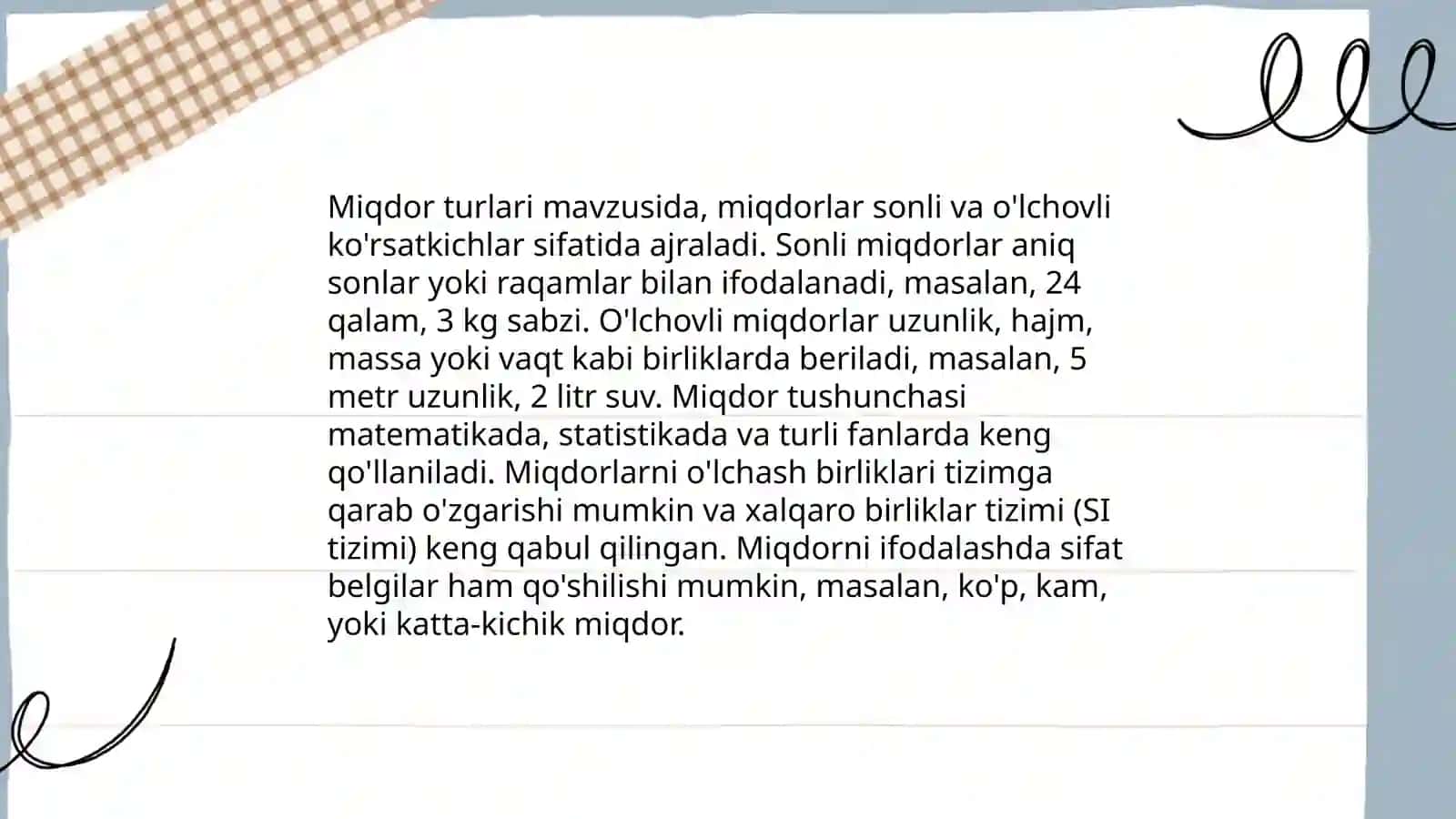 Miqdor tushunchasi va uning turlari. Skalyar miqdorlarning asosiy xossalari. Miqdorni o’lchash tushunchasi. Kesma uzunligi va uning asosiy xossalari. Kesma uzunligini o‘lchash. Uzunlikning standart birliklari va ular orasidagi munosabatlar 4