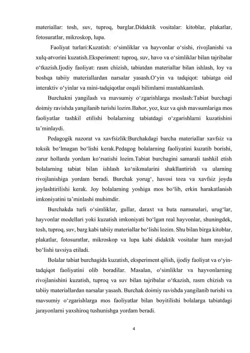 Rivojlantiruvchi markazlarni tashkil etish fanidan Tabiat burchagi Individual 4