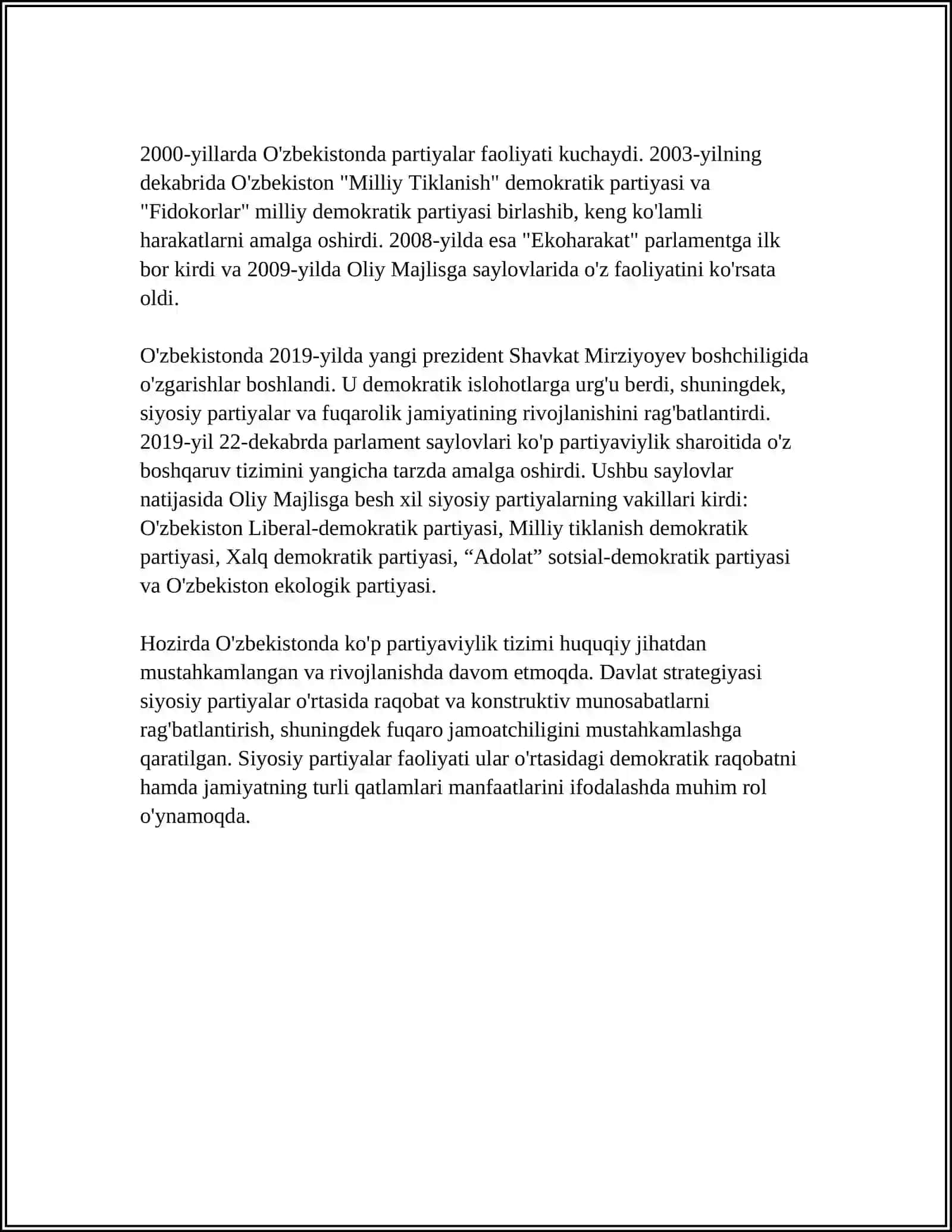 O'zbekistonda ko'ppartiyaviylik tizimining shakllanishi va uning ahamiyati 4