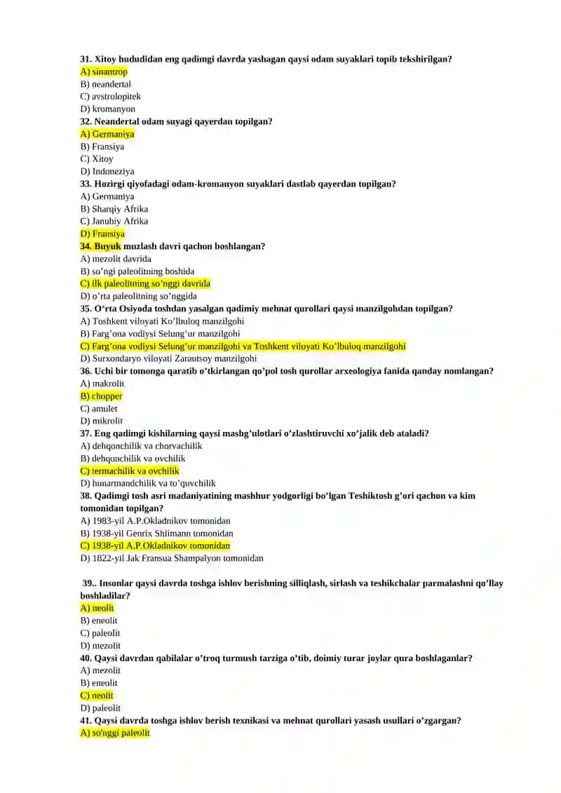 ARXEOLOGIYA FANIDAN TEST SAVOLLARI 4