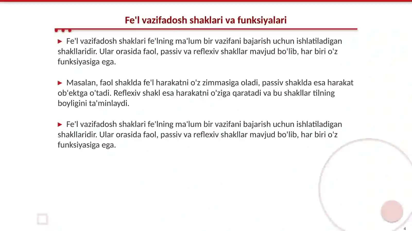 Fe'l nisbatlari fe'lning vazifadosh shaklari, fe'l mayllari, Fe'l zamonlari 4