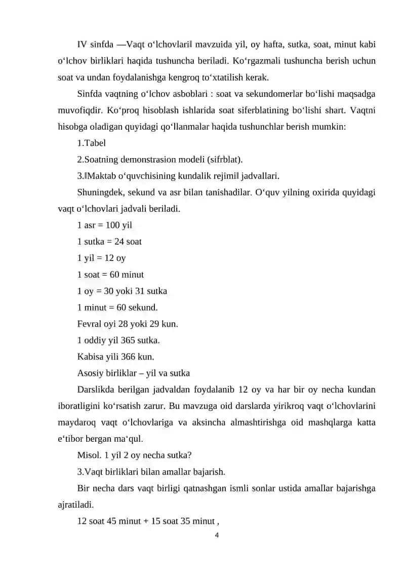 4-SINFLARDA VAQT O’LCHOV BIRLIKLARINI O’RGATISHDA TARIXIY MATERIALLARDAN FOYDALANISH METODIKASI.docx 4