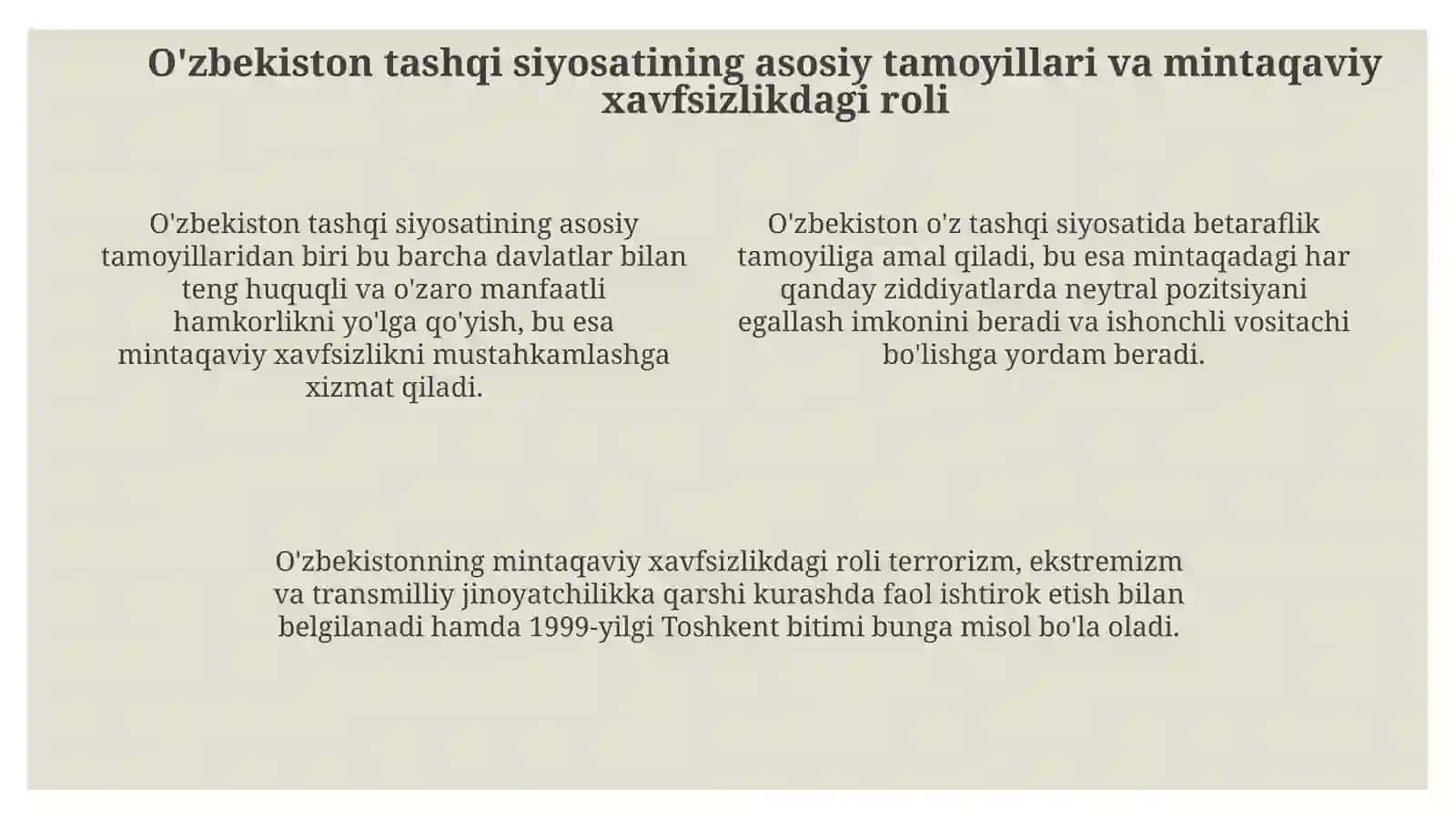 O'zbekistonning markaziy Osiyoda tinchlik va barqarorlikni ta'minlash o'rni 4