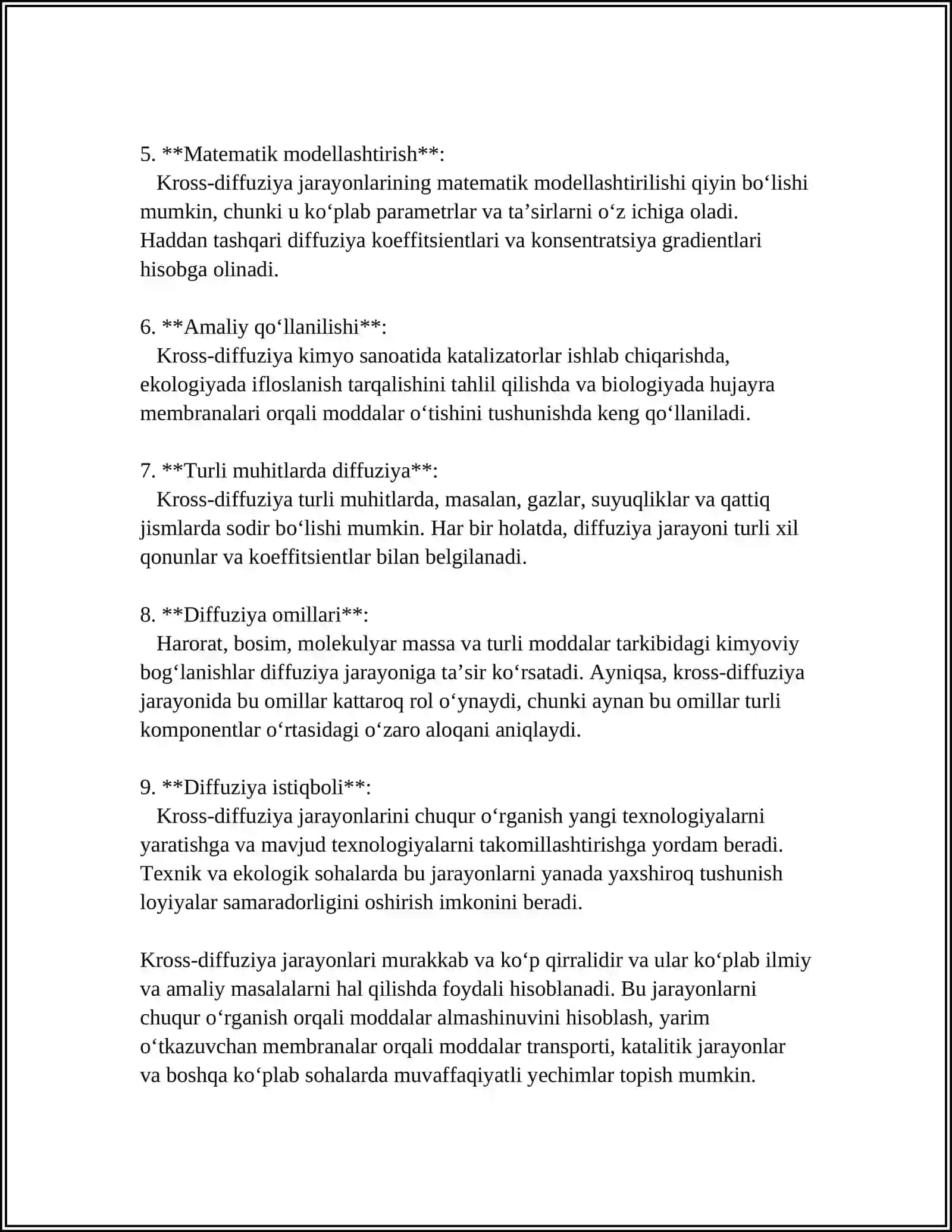 KROSS-DIFFUZIYA JARAYONLAR MATEMATIK MODELLARDA YUZ BERADIGAN YANGI NOCHIZIQLI HODISALAR TAHLILI. KROSS-DIFFUZIYA SISTEMALAR UCHUN GLOBAL YECHIMLAR VA ULARNING XOSSALARI 4